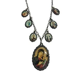 Vintage Catholic Saints Madonna Child Religious Medal Necklace Antique Victorian